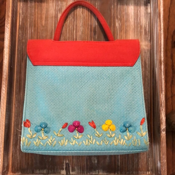 Lulu Guinness
"House" Purse Turquoise and Red Straw Satchel
10"L x 3"W x 10"H - Picture 4 of 15